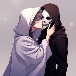 An anime female character wearing a hooded white cloak that elegantly drapes over her form, paired with a beautiful white Venetian full mask that covers her entire face
