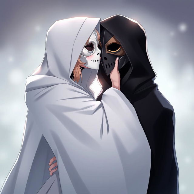 An anime female character wearing a hooded white cloak that elegantly drapes over her form, paired with a beautiful white Venetian full mask that covers her entire face