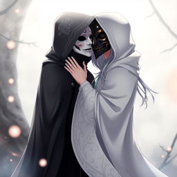An anime scene featuring a female character in a flowing, hooded white cloak adorned with intricate patterns, complete with a detailed white Venetian mask that elegantly covers her entire face