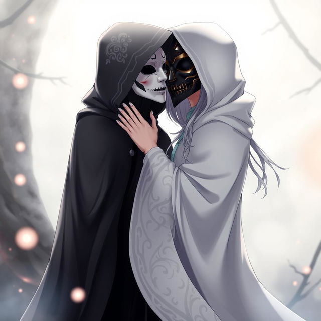 An anime scene featuring a female character in a flowing, hooded white cloak adorned with intricate patterns, complete with a detailed white Venetian mask that elegantly covers her entire face