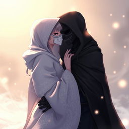 An anime scene featuring a female character in a flowing, hooded white cloak adorned with intricate patterns, complete with a detailed white Venetian mask that elegantly covers her entire face