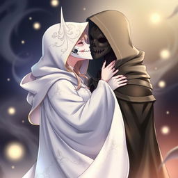 An anime scene featuring a female character in a flowing, hooded white cloak adorned with intricate patterns, complete with a detailed white Venetian mask that elegantly covers her entire face