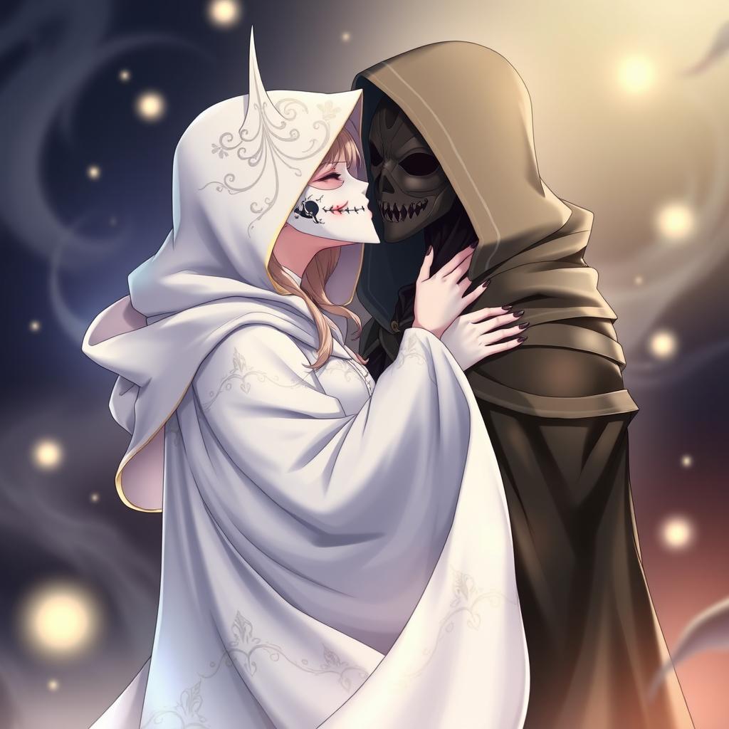 An anime scene featuring a female character in a flowing, hooded white cloak adorned with intricate patterns, complete with a detailed white Venetian mask that elegantly covers her entire face