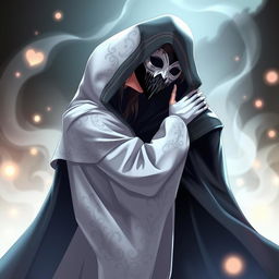 An anime scene featuring a female character in a flowing, hooded white cloak adorned with intricate patterns, complete with a detailed white Venetian mask that elegantly covers her entire face