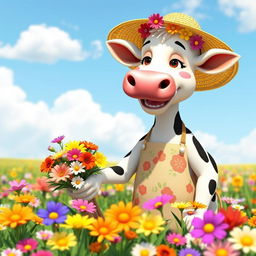 A whimsical animated cow florist, cheerfully tending to a vibrant field filled with colorful flowers