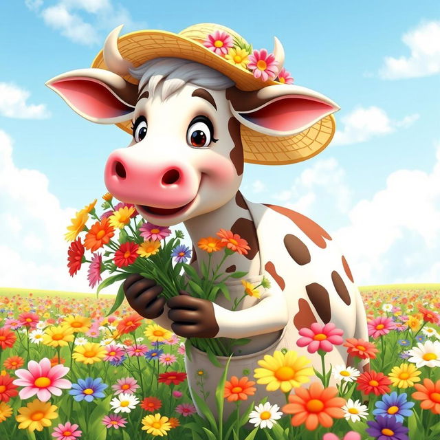 A whimsical animated cow florist, cheerfully tending to a vibrant field filled with colorful flowers