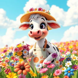 A whimsical animated cow florist, cheerfully tending to a vibrant field filled with colorful flowers
