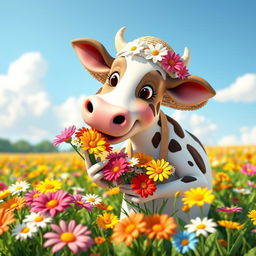 A whimsical animated cow florist, cheerfully tending to a vibrant field filled with colorful flowers