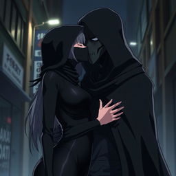 An anime scene depicting a female character dressed in a sleek black bodysuit and a black hood, her face completely covered by a full mask
