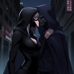 An anime scene depicting a female character dressed in a sleek black bodysuit and a black hood, her face completely covered by a full mask