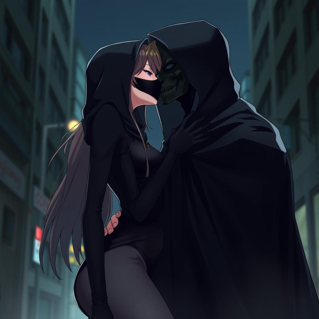 An anime scene depicting a female character dressed in a sleek black bodysuit and a black hood, her face completely covered by a full mask