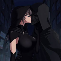 An anime scene depicting a female character dressed in a sleek black bodysuit and a black hood, her face completely covered by a full mask