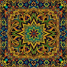 A vibrant Islamic poster featuring intricate geometric patterns and traditional motifs, showcasing a rich blend of colors such as deep blues, golds, and greens