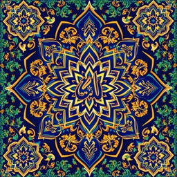 A vibrant Islamic poster featuring intricate geometric patterns and traditional motifs, showcasing a rich blend of colors such as deep blues, golds, and greens