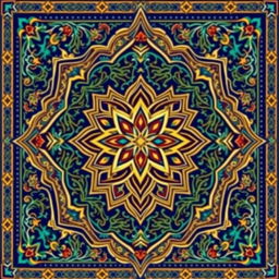 A vibrant Islamic poster featuring intricate geometric patterns and traditional motifs, showcasing a rich blend of colors such as deep blues, golds, and greens