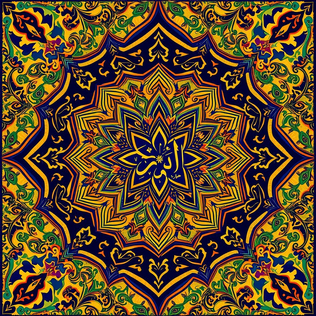 A vibrant Islamic poster featuring intricate geometric patterns and traditional motifs, showcasing a rich blend of colors such as deep blues, golds, and greens