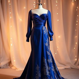 A beautiful evening gown designed for a glamorous occasion, featuring a soft flowing silhouette that gently cascades to the floor
