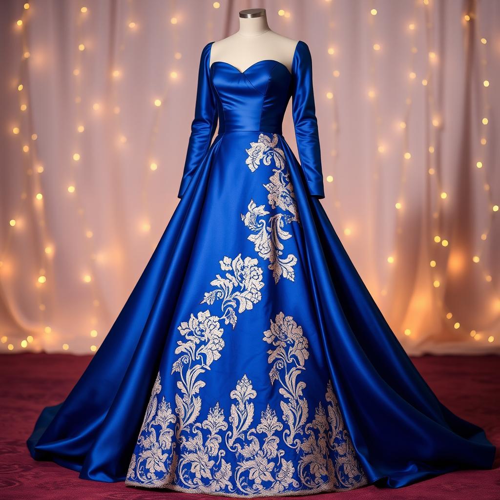 A beautiful evening gown designed for a glamorous occasion, featuring a soft flowing silhouette that gently cascades to the floor