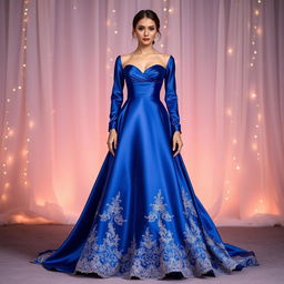 A beautiful evening gown designed for a glamorous occasion, featuring a soft flowing silhouette that gently cascades to the floor
