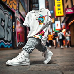 A stylish outfit featuring a vibrant streetwear design with the focus on a white t-shirt and white sneakers