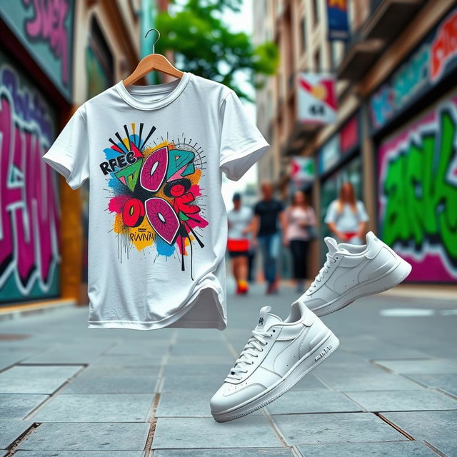 A stylish outfit featuring a vibrant streetwear design with the focus on a white t-shirt and white sneakers