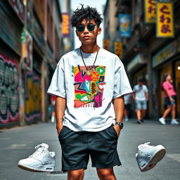 A stylish outfit featuring a vibrant streetwear design with the focus on a white t-shirt and white sneakers