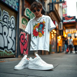 A stylish outfit featuring a vibrant streetwear design with the focus on a white t-shirt and white sneakers