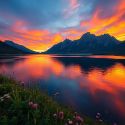 A captivating landscape featuring a serene lake surrounded by majestic mountains at sunset
