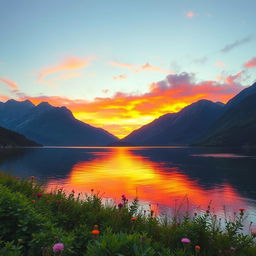 A captivating landscape featuring a serene lake surrounded by majestic mountains at sunset
