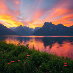 A captivating landscape featuring a serene lake surrounded by majestic mountains at sunset