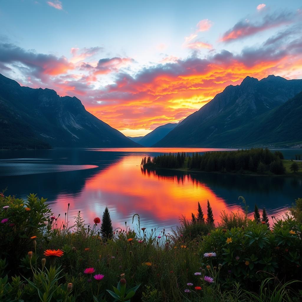 A captivating landscape featuring a serene lake surrounded by majestic mountains at sunset