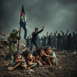 A poignant scene capturing the plight of innocent children from Gaza, seeking refuge amidst the chaos of bombardment