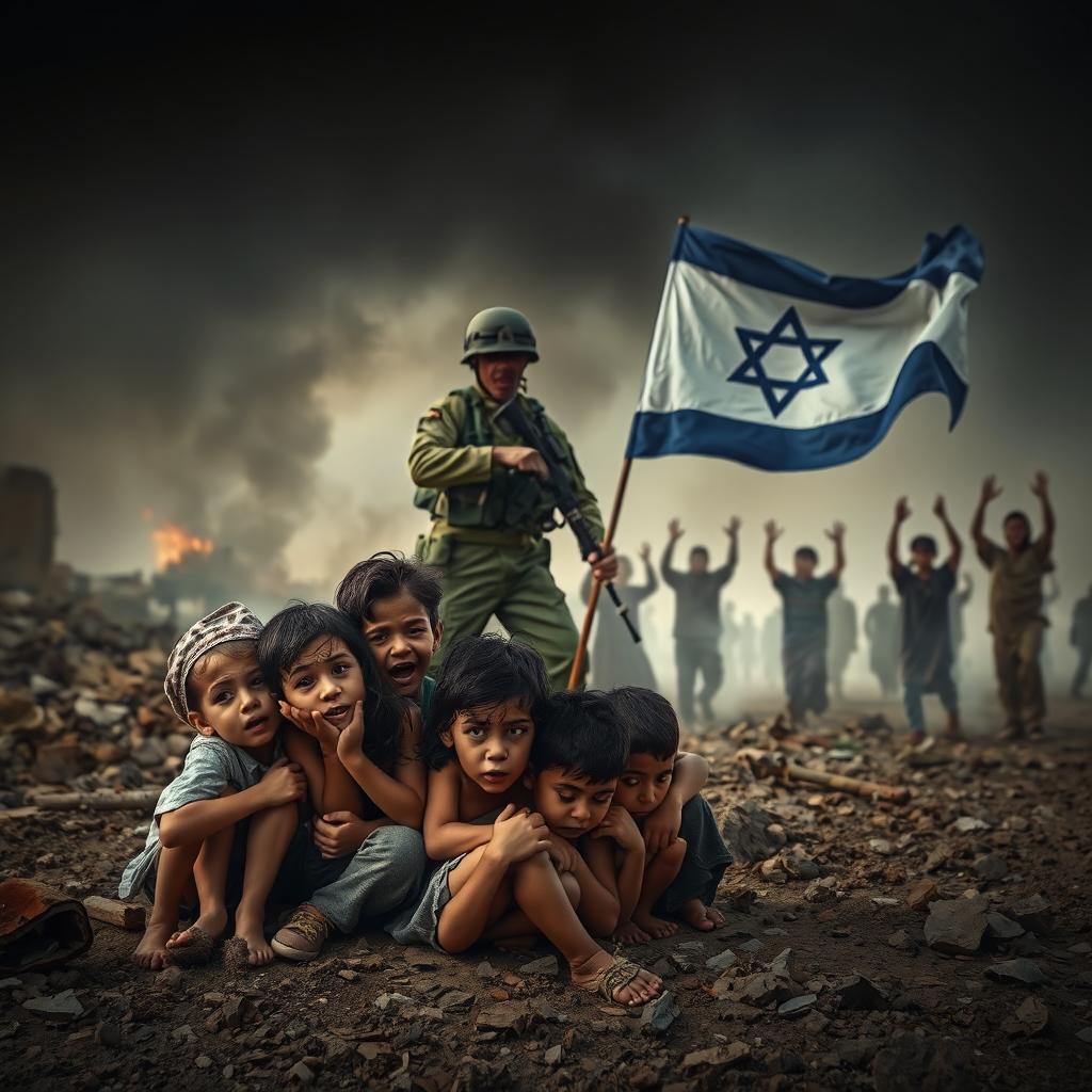A poignant scene capturing the plight of innocent children from Gaza, seeking refuge amidst the chaos of bombardment