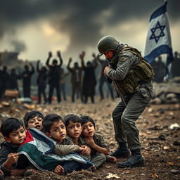 A poignant scene capturing the plight of innocent children from Gaza, seeking refuge amidst the chaos of bombardment