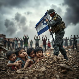A poignant scene capturing the plight of innocent children from Gaza, seeking refuge amidst the chaos of bombardment