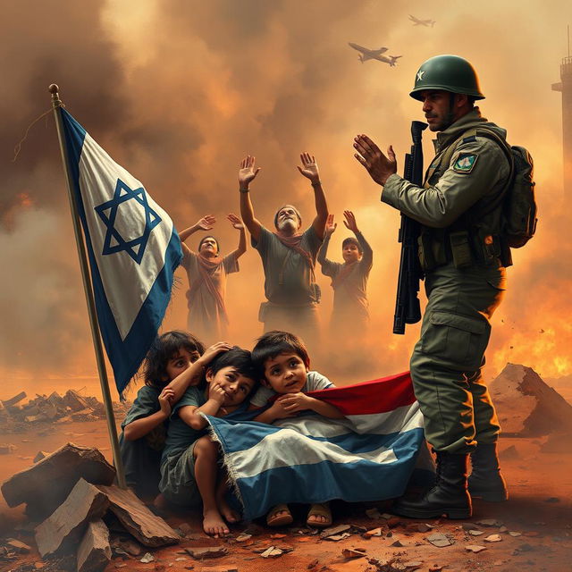 A heart-wrenching scene depicting innocent children from Gaza desperately seeking shelter amid the chaos of Israeli bombardment