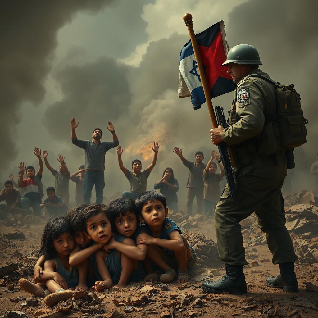 A heart-wrenching scene depicting innocent children from Gaza desperately seeking shelter amid the chaos of Israeli bombardment