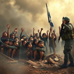 A heart-wrenching scene depicting innocent children from Gaza desperately seeking shelter amid the chaos of Israeli bombardment