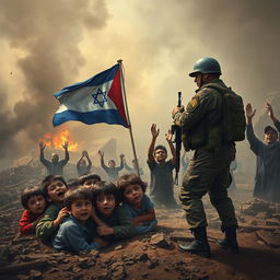 A heart-wrenching scene depicting innocent children from Gaza desperately seeking shelter amid the chaos of Israeli bombardment