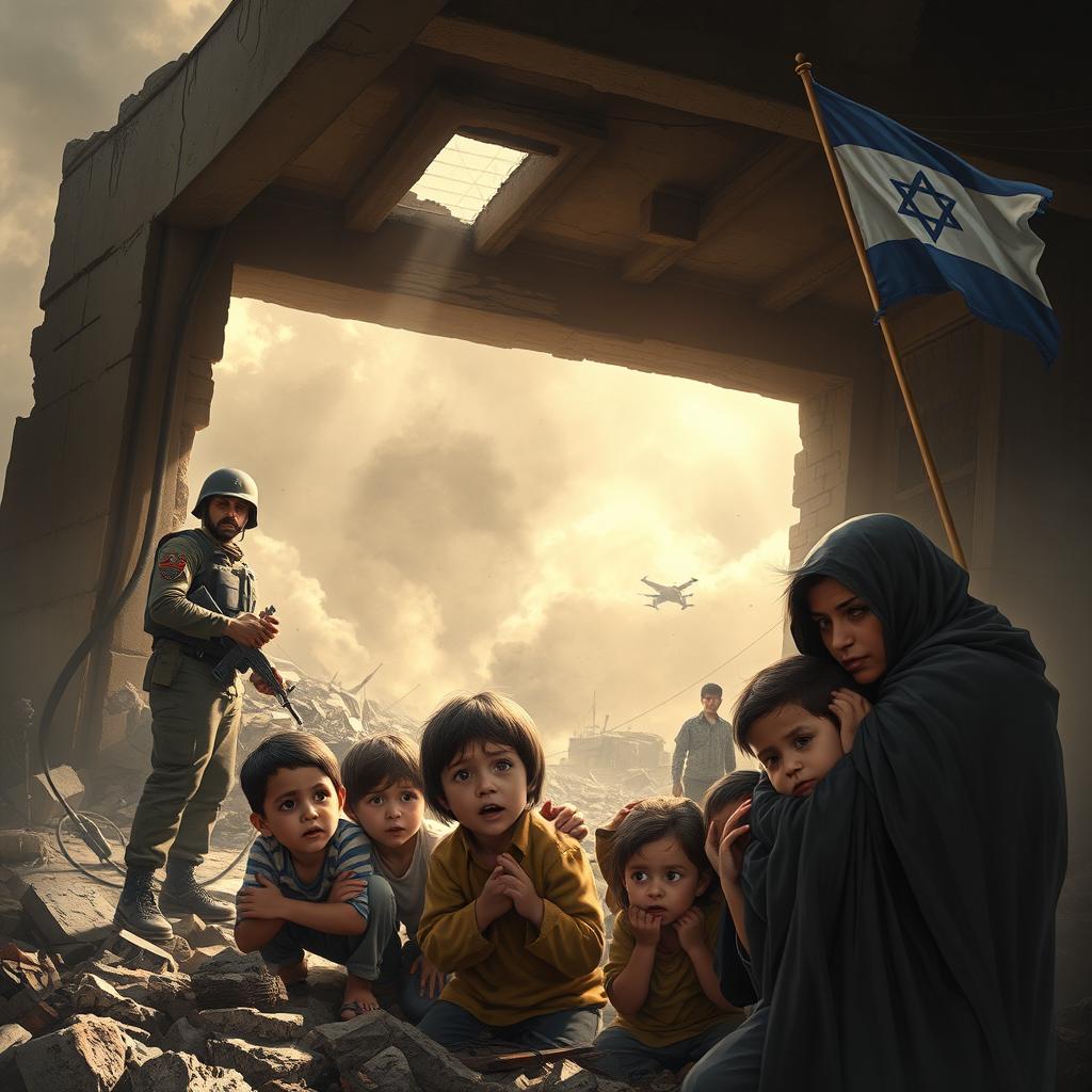 A poignant and emotional scene depicting the devastation in Gaza: a group of innocent children seeking shelter under a bombed-out structure, their expressions filled with fear and hope