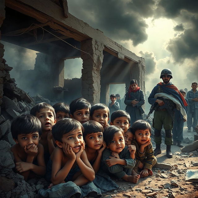 A poignant and emotional scene depicting the devastation in Gaza: a group of innocent children seeking shelter under a bombed-out structure, their expressions filled with fear and hope