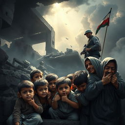 A poignant and emotional scene depicting the devastation in Gaza: a group of innocent children seeking shelter under a bombed-out structure, their expressions filled with fear and hope