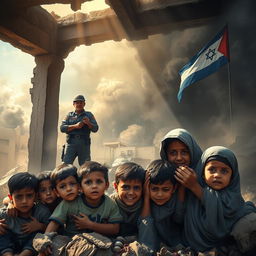 A poignant and emotional scene depicting the devastation in Gaza: a group of innocent children seeking shelter under a bombed-out structure, their expressions filled with fear and hope