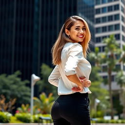 A successful young woman confidently posing with her back to the camera, showcasing her stylish outfit and empowering posture
