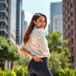 A successful young woman confidently posing with her back to the camera, showcasing her stylish outfit and empowering posture