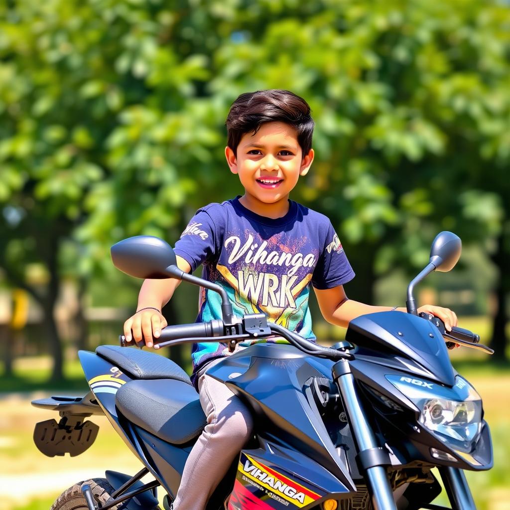 A young boy sitting on a stylish WRX bike, wearing a vibrant t-shirt with the name 'Vihanga' printed on it