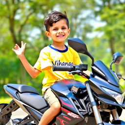 A young boy sitting on a stylish WRX bike, wearing a vibrant t-shirt with the name 'Vihanga' printed on it
