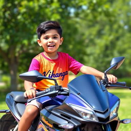 A young boy sitting on a stylish WRX bike, wearing a vibrant t-shirt with the name 'Vihanga' printed on it