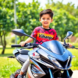 A young boy sitting on a stylish WRX bike, wearing a vibrant t-shirt with the name 'Vihanga' printed on it
