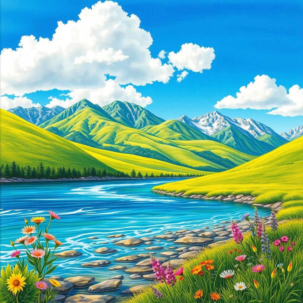 A beautifully detailed drawing of a serene landscape featuring vibrant green hills under a clear blue sky with fluffy white clouds